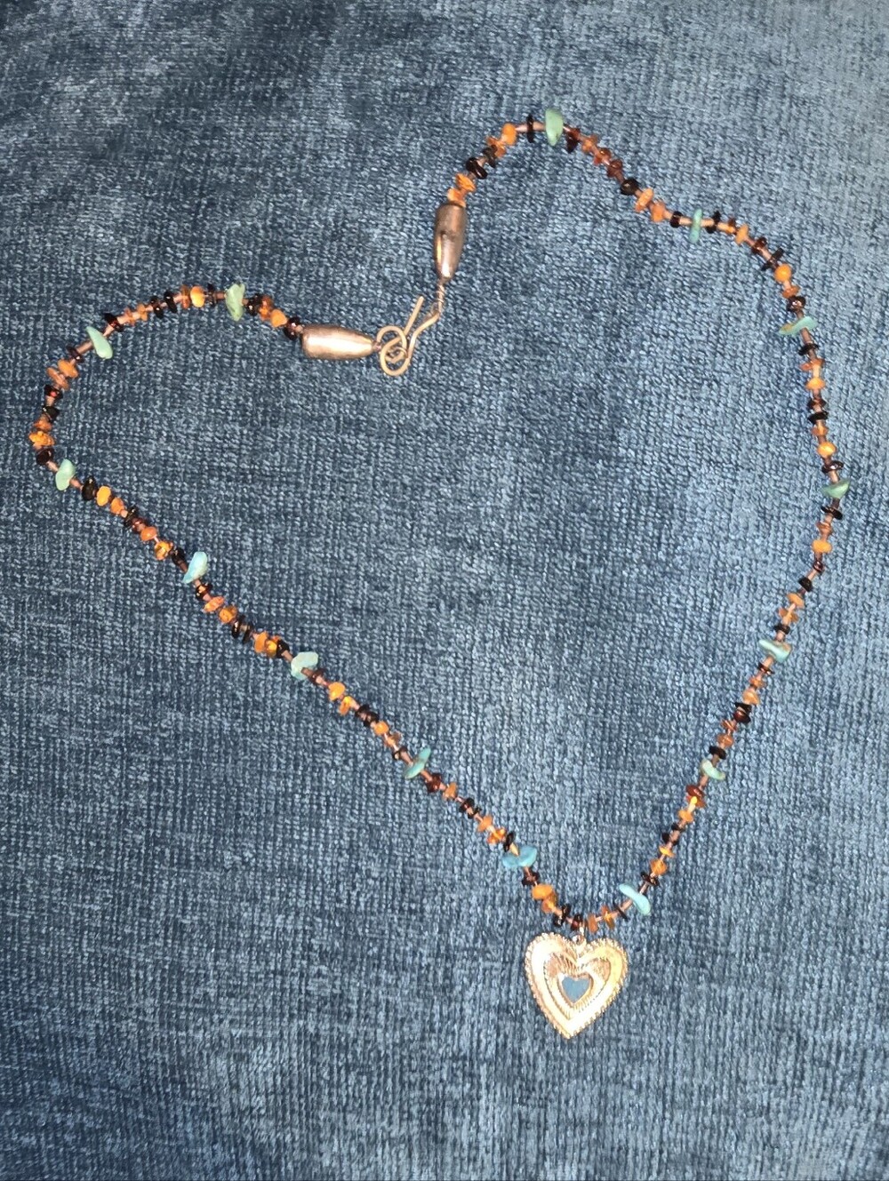Turquoise Heart Pendant Necklace Sterling Silver with Amber Bead Accents 26 inch - Picture 3 of 7